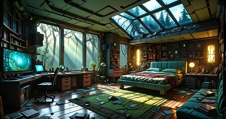 interior of bedroom in futuristic fantasy house. wood cabin room on spring woodland morning. forest home with trees and vines.