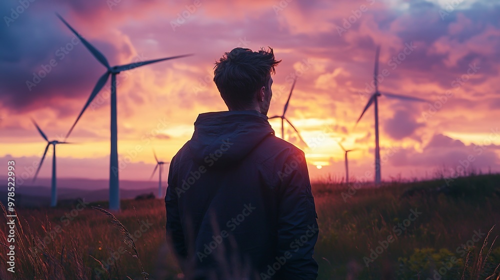 Poster A man is seen from behind, looking at several wind turbines standing against the backdrop of a serene sunset or sunrise. The image evokes a sense of reflection and sustainability. 