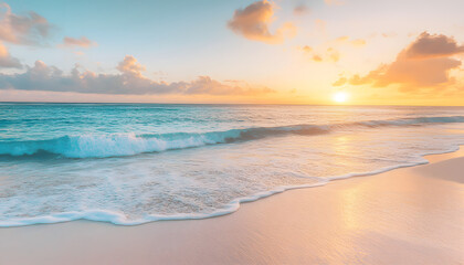 Obraz premium Crystal-clear turquoise waters with gentle waves lapping at a pristine beach under a golden sunset