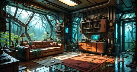 messy living room in futuristic sci fi house home in the misty woodland forest. abandoned room interior of forest cabin.