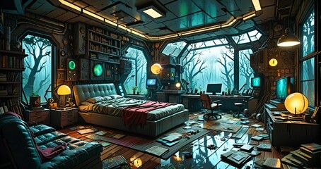 interior of bedroom in futuristic fantasy house. wood cabin room on spring woodland morning. forest home with trees and vines.