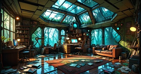 messy living room in futuristic sci fi house home in the misty woodland forest. abandoned room interior of forest cabin.