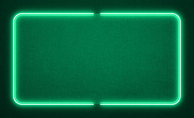 dark green fabric background and glowing neon rectangle frame with copy space for place text or...