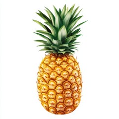 Fototapeta premium A whole pineapple with its spiky skin and green crown leaves, displayed on a white background, symbolizing tropical freshness.