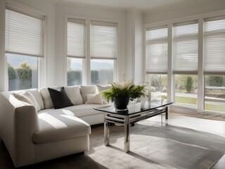 White Sectional Sofa with Coffee Table in a Modern Living Room with Large Windows and Blinds