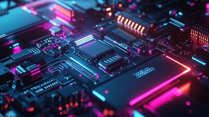 Fototapeta premium A vibrant close-up of a futuristic circuit board, showcasing intricate details and colorful LED lights in a neon glow.