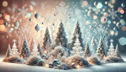 Fantastical winter landscape blending snowy forest and bokeh backgound with Christmas trees and ornaments