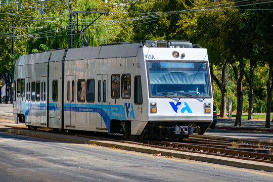Close-up view of a VTA light rail vehicle on San Carlos Street in downtown San Jose - San Jose, California, USA - September 15, 2024