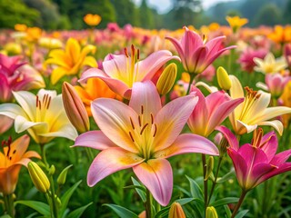 Delicate pink and yellow lilies unfold their petals amidst the lush verdure of the field, their sweet fragrance wafting lazily on the summer air.