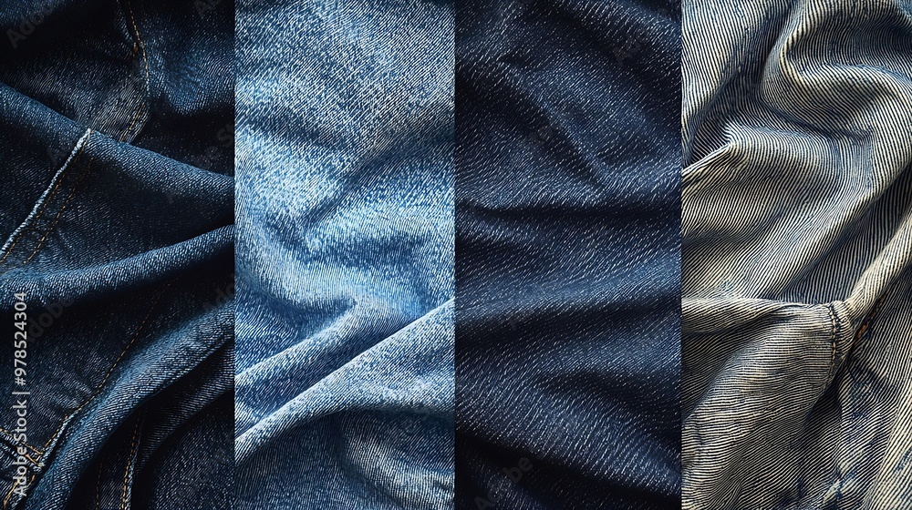 Poster set of four worn blue denim jeans texture background backdrop : generative ai