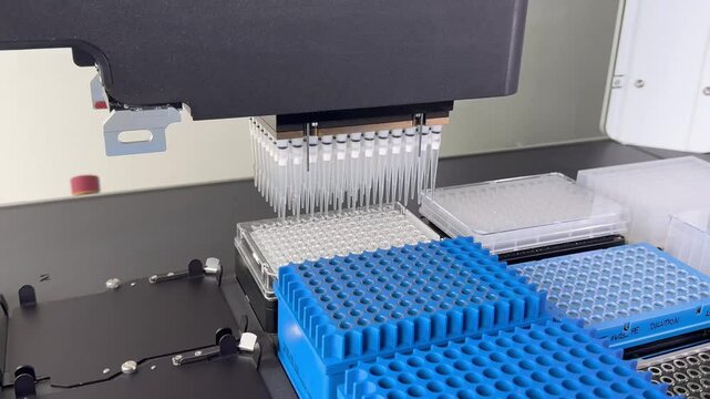 laboratory automated liquid handling system, robotic arm with multiple pipette tips above a tray of microtiter plates. technology in scientific research and testing. modern laboratory automation.