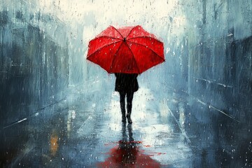 A person walks alone under a red umbrella on a rainy street, surrounded by a moody, foggy atmosphere in the city. Generative AI