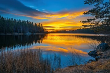 Fototapeta premium Serene Sunset Over Lake