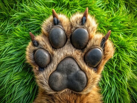 Furry, padded bearcat paw print with distinctive curved toe pads and slender fingers, set against a soft, grassy background.