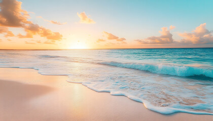 Obraz premium Crystal-clear turquoise waters with gentle waves lapping at a pristine beach under a golden sunset