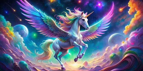 "Majestic abstract unicorn with iridescent wings, swirling vortex of neon hues surrounding its ethereal body, surrounded by wispy, shimmering clouds"