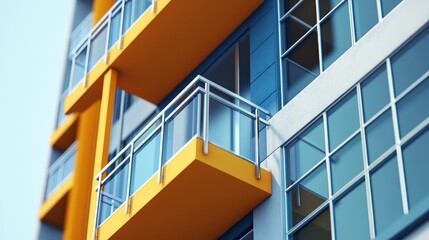 Fototapeta premium Modern architectural detail showcasing a vibrant yellow balcony against a backdrop of large glass windows.