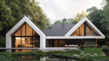 Modern architectural design featuring a stylish house amidst lush greenery and a tranquil pool, blending nature with contemporary living.