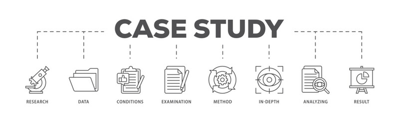 Case study infographic icon flow process which consists of research, data, conditions, examination, method, in depth, analyzing, and result icon live stroke and easy to edit 