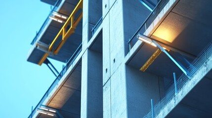 Fototapeta premium Modern architectural detail of a concrete building under construction showcasing simplistic lines and industrial design elements.