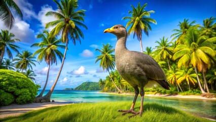 "Woolly necked, flightless bird with yellow bill and legs, standing on a tropical island with coconut palm trees and lush green vegetation."