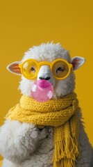 Obraz premium Adorable sheep with yellow glasses and scarf, blowing pink bubblegum against a yellow background.