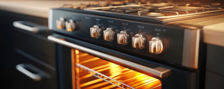 Modern kitchen oven with knobs and glowing interior, ideal for culinary adventures and home cooking experiences.