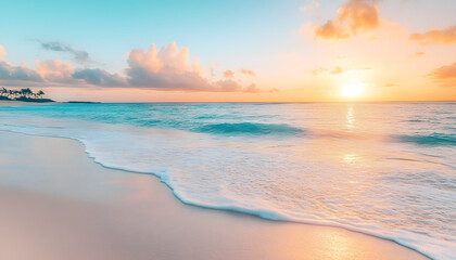 Fototapeta premium Crystal-clear turquoise waters with gentle waves lapping at a pristine beach under a golden sunset