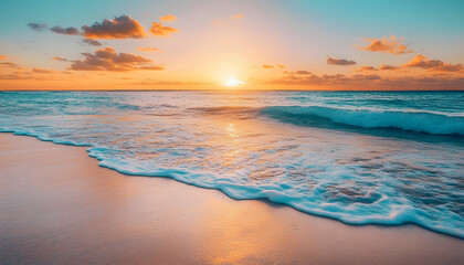Fototapeta premium Crystal-clear turquoise waters with gentle waves lapping at a pristine beach under a golden sunset