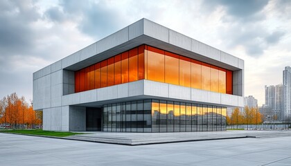 Obraz premium Modern Concrete Building with Large Windows Reflecting a Sunset
