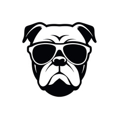 a dog's head. The dog appears to be a boxer or a similar breed, with a wrinkled face and a pointed nose. It is wearing large, round sunglasses with a white frame and dark lenses