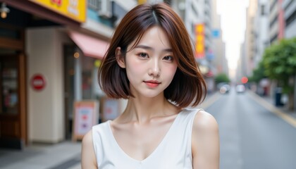 A young woman poses confidently in a vibrant city street, showcasing modern urban life and cultural diversity.