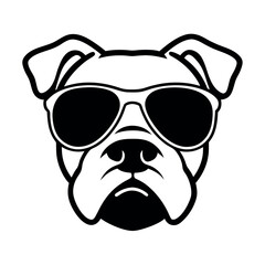 a dog's head. The dog appears to be a boxer or a similar breed, with a wrinkled face and a pointed nose. It is wearing large, round sunglasses with a white frame and dark lenses