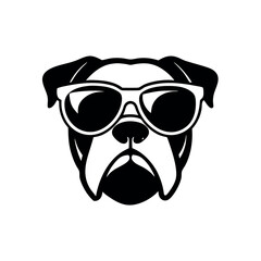a dog's head. The dog appears to be a boxer or a similar breed, with a wrinkled face and a pointed nose. It is wearing large, round sunglasses with a white frame and dark lenses