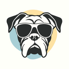 a dog's head. The dog appears to be a boxer or a similar breed, with a wrinkled face and a pointed nose. It is wearing large, round sunglasses with a white frame and dark lenses