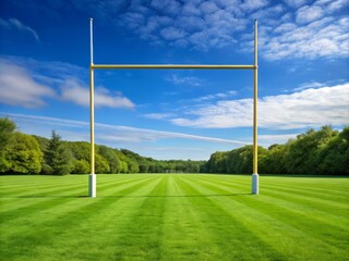 Obraz premium A sleek and sturdy football goalpost rises from the lush grass of the playing field, its uprights and crossbar a symbol of athletic achievement.