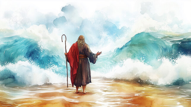 watercolor illustration of Moses parted the Red Sea on white background