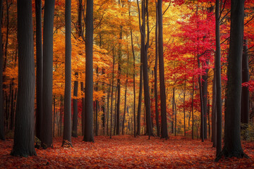 Majestic autumn forest with vibrant red, orange, and yellow leaves covering the ground and trees, creating a colorful and peaceful seasonal landscape