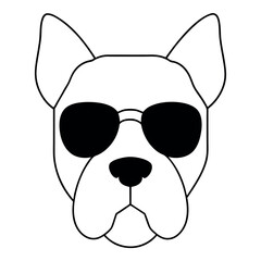 a dog's head. The dog appears to be a boxer or a similar breed, with a wrinkled face and a pointed nose. It is wearing large, round sunglasses with a white frame and dark lenses