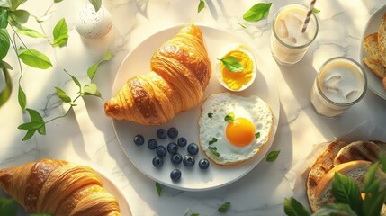 Delicious Breakfast Spread with Croissant, Eggs, Fresh Berries, and Toast in Sunlit Setting
