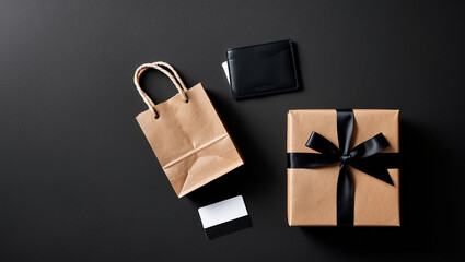 Minimalist flat lay with a brown paper bag, black wallet, cardholder, and a gift box tied with a black ribbon, set against a sleek, dark background.