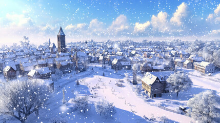 aerial view of european town in the winter snow, vintage, cartoon style wallapper