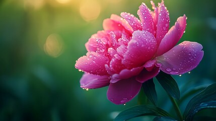 Close-Up of Vibrant Pink Peony with Morning Dew