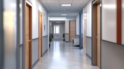 A modern hallway in a hospital, featuring clinical decor and wooden doors, brightening the space with natural light.