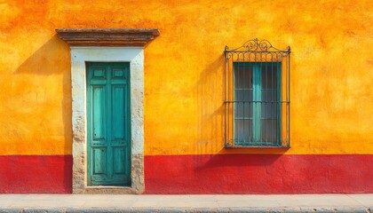 A Vibrant Facade with a Green Door and Window in a Yellow and Red Building