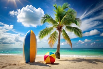 "A colorful beach scene with a surfboard, sunglasses, and a beach ball near a palm tree, surrounded by a bright blue ocean and white clouds."