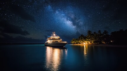 Obraz premium A serene night scene featuring a yacht under a starry sky near a tropical shoreline.