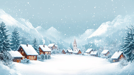 a background that features a snowy christmas village at the bottom, winter scene