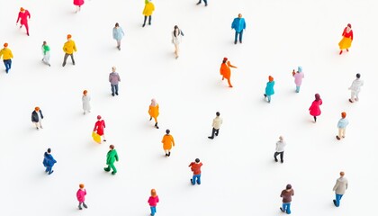 Colorful miniature figurines of people walking on a white background, representing diverse interactions and urban daily life.