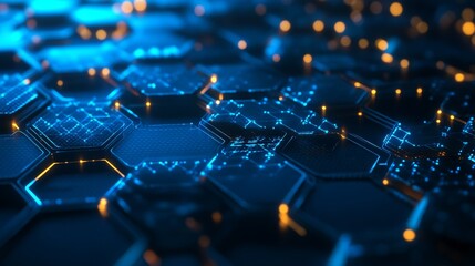 Abstract digital hexagonal pattern with glowing blue highlights and intricate lines, perfect for technology and futuristic themes.